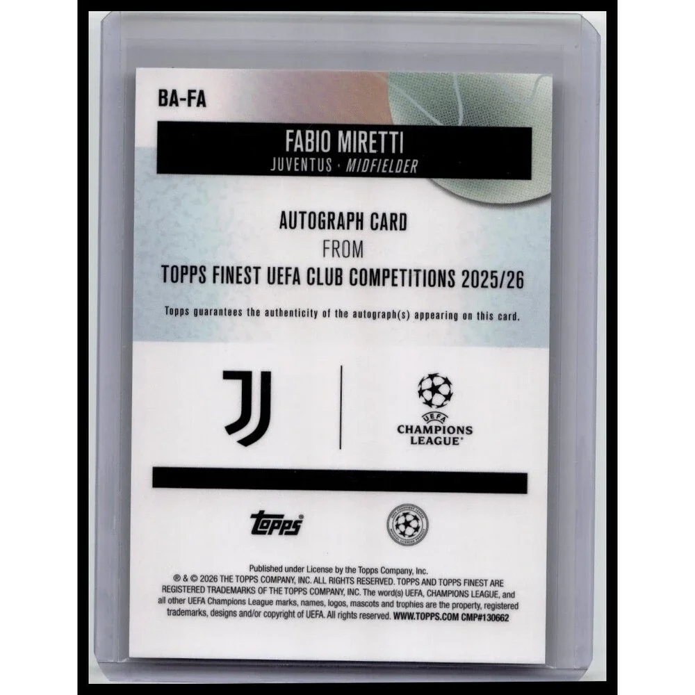 2025-26 Topps Finest UEFA Club ~ Fabio Miretti #BA-FA ~ Autograph ~ Juventus